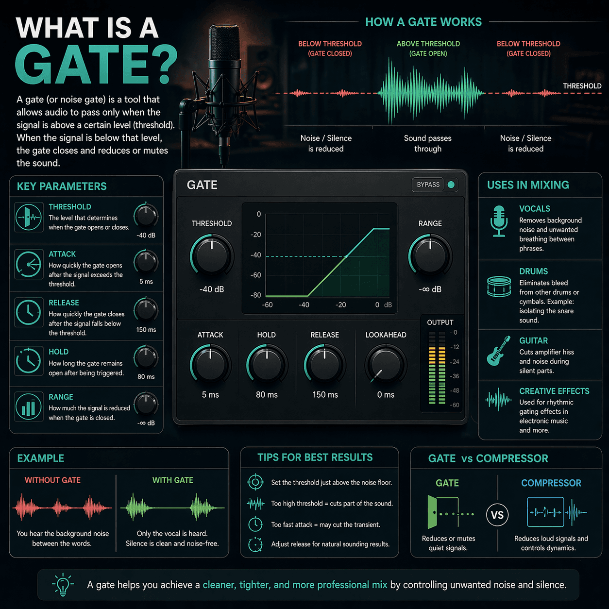 A visual explanation of an audio noise gate plugin interface used in music mixing and mastering