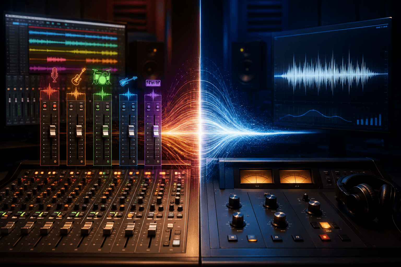 Audio engineer comparing mixing and mastering stages in a music production studio