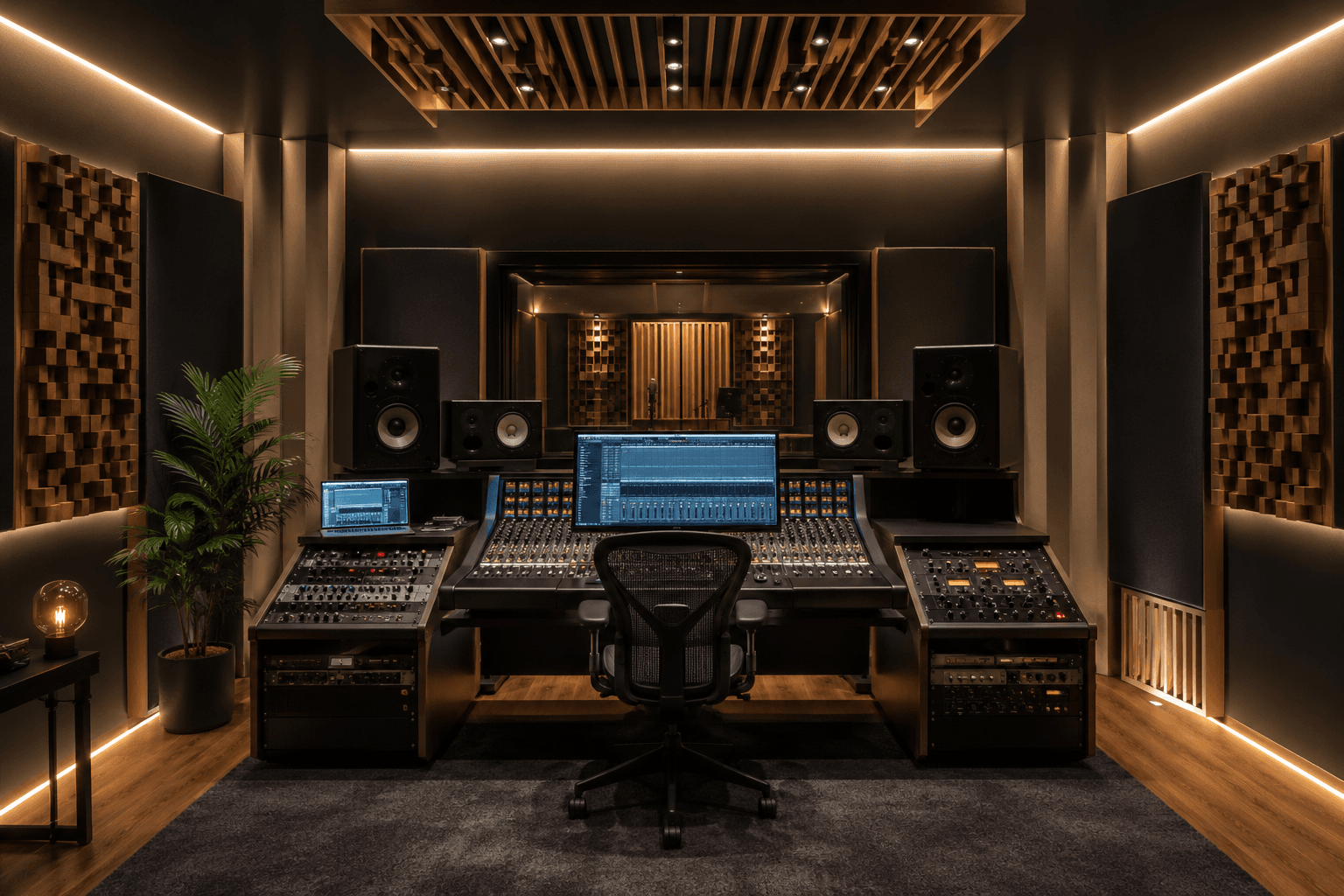 Acoustic treatment panels and bass traps installed in a professional mixing room