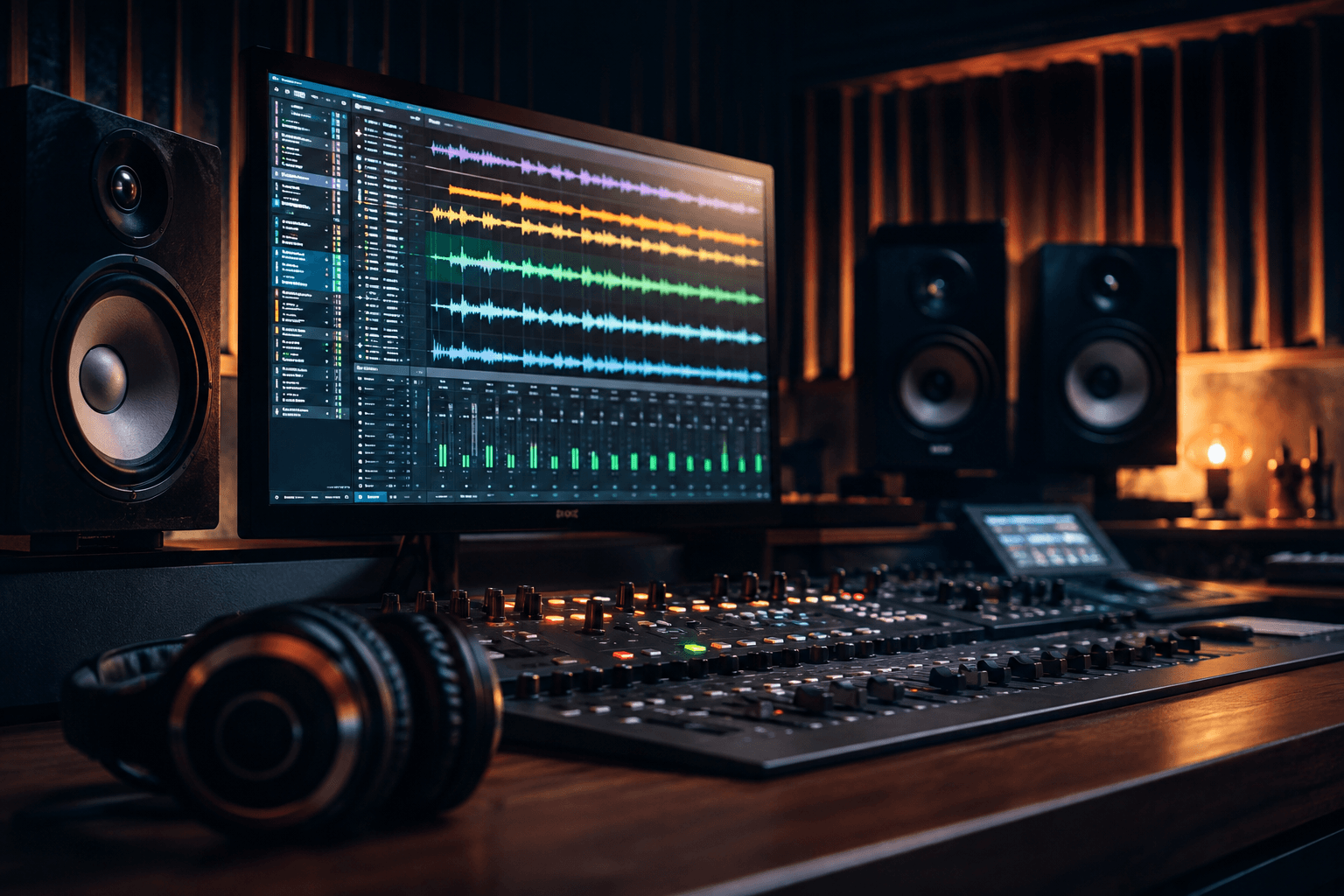 A professional music producer exporting high-quality 24-bit WAV stems from a digital audio workstation in a premium dark studio environment