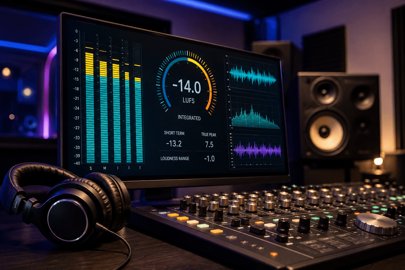LUFS meter showing integrated loudness measurement during music mastering