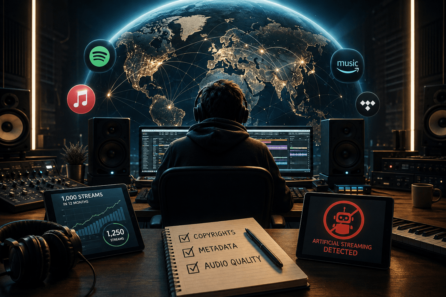 A professional music producer analyzing Spotify global distribution statistics and streaming royalties in a high-end dark studio environment.